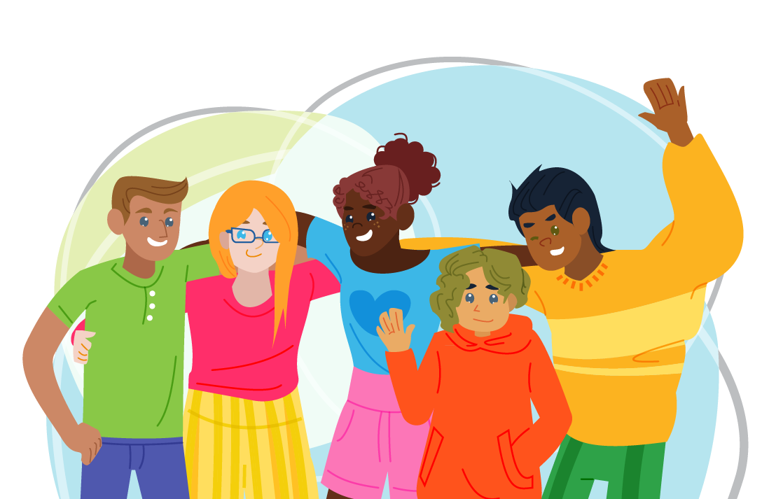 Illustration of five smiling teens with their arms around each other