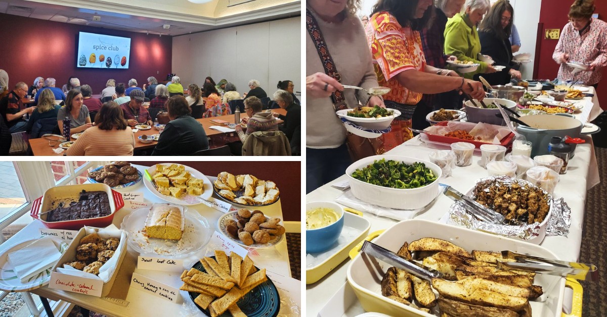 Three-photo montage of a group of people at a spice club presentation, in a food line, and a close-up of the cooked food