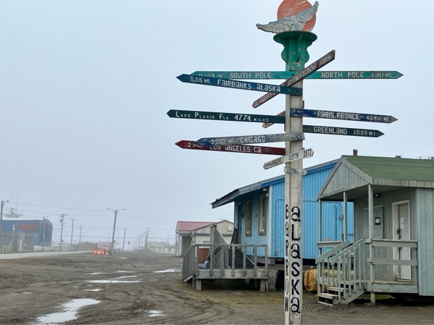 Handmade wooden direction sign reading 'Alaska' on the post, and a variety of other locations like 'Greenland,' North Pole' and 'Los Angeles' on the cross-signs, with buildings in the background