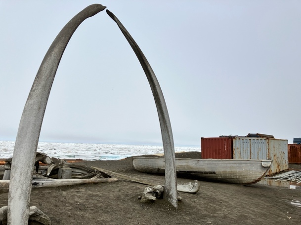 Arch made from natural materials in the foreground, next to a canoe, with water in the background