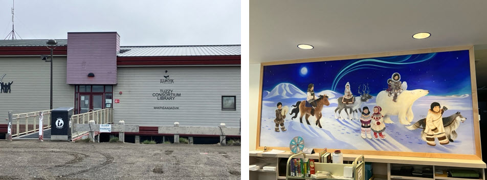 Two images, with the first one showing an exterior view of the Tuzzy Consortium Library, in a plain, low building with a wodden ramp leading to the doorway, and the second image showing a closeup of a lively painting of a winter scene, with people dressed in traditional Indigenous attire, riding horses and polar bears, and with a dog on a leash