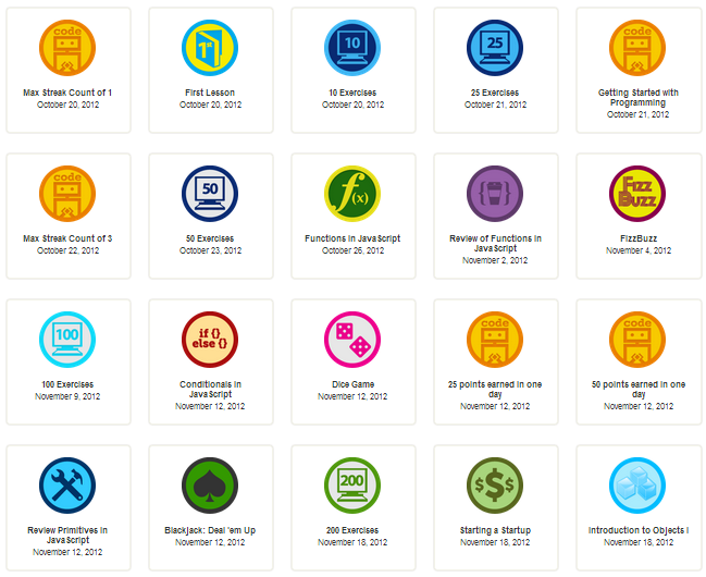 An example of badges earned in CodeAcademy